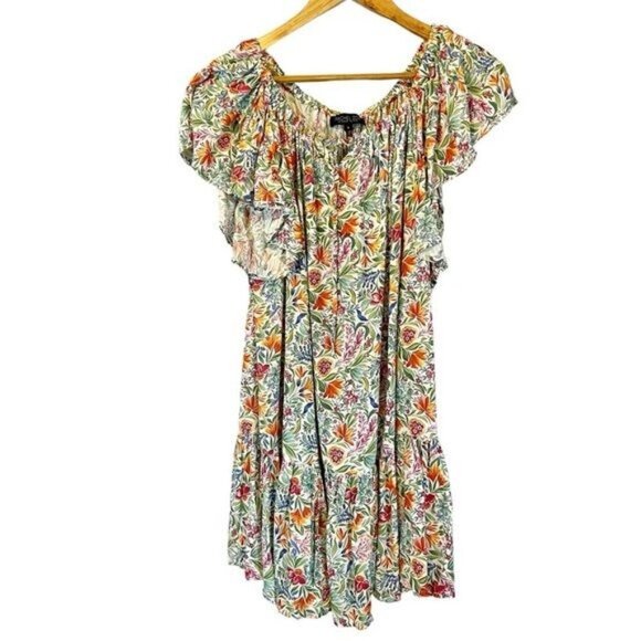 Rachel Zoe Floral Off the Shoulder Mini Dress S Boho Beach Summer Peasant - Picture 1 of 6